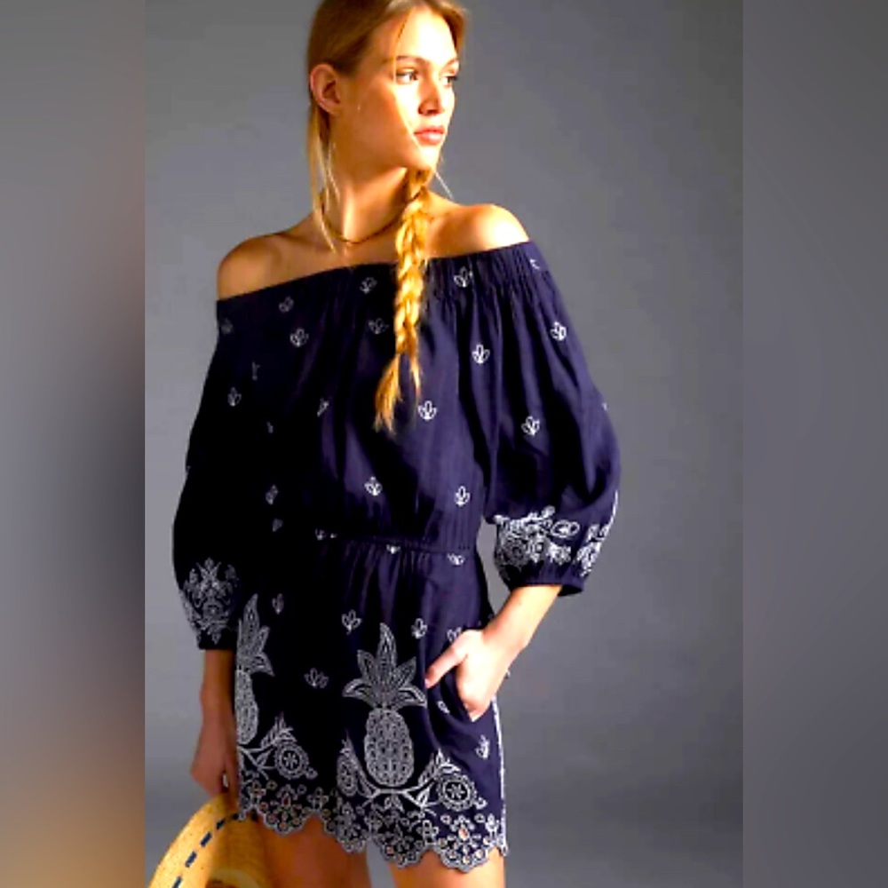 Farm Rio for Anthropologie Linen Romper Pineapple Jackie Navy Size M NWT